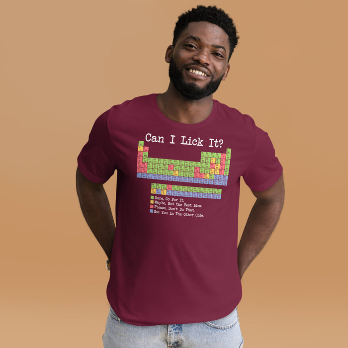 Can I Lick It shirt for science teachers with funny periodic design