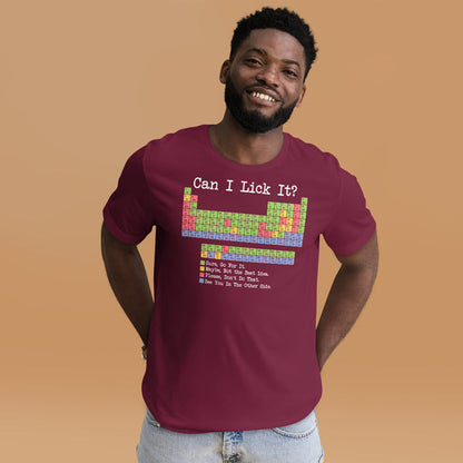 Can I Lick It shirt for science teachers with funny periodic design