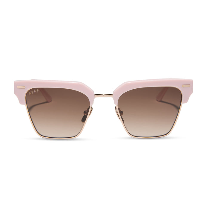 diff eyewear featuring the capri rectangle sunglasses with a powder pink with champagne frame and brown gradient lenses front view