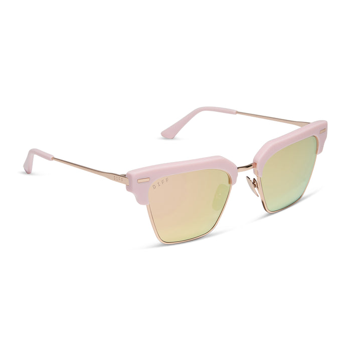 diff eyewear featuring the capri rectangle sunglasses with a powder pink with champagne frame and brown gradient lenses angled view