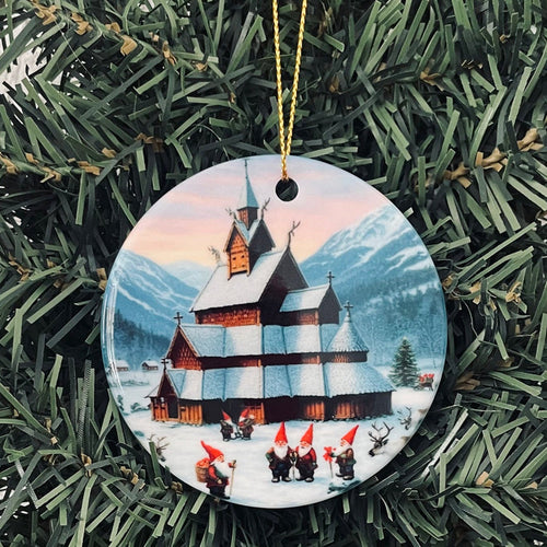 Ceramic Ornament, Stave Church with Gnomes