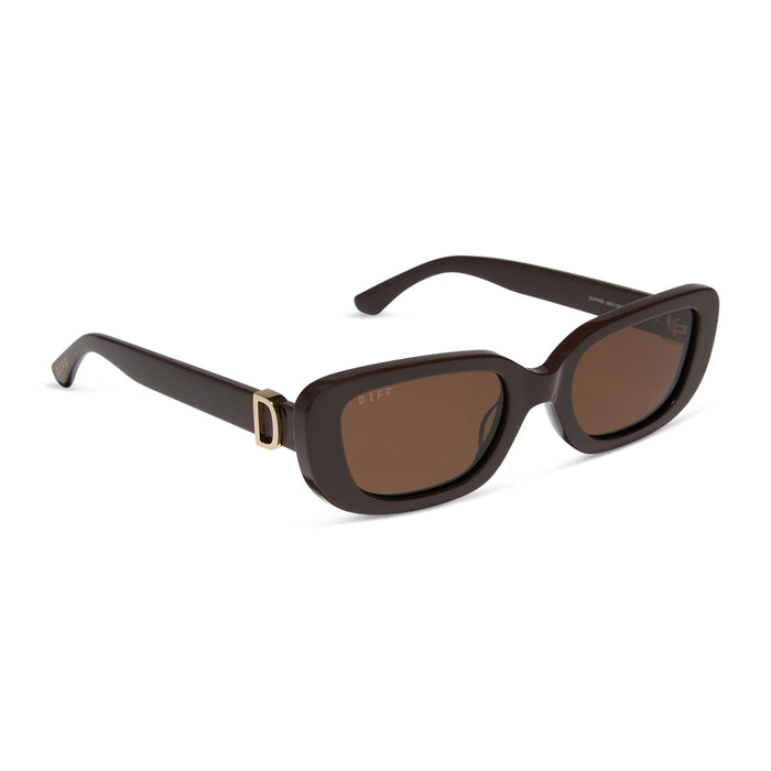 diff eyewear featuring the daphne rectangle sunglasses with a truffle frame and truffle polarized lenses angled view