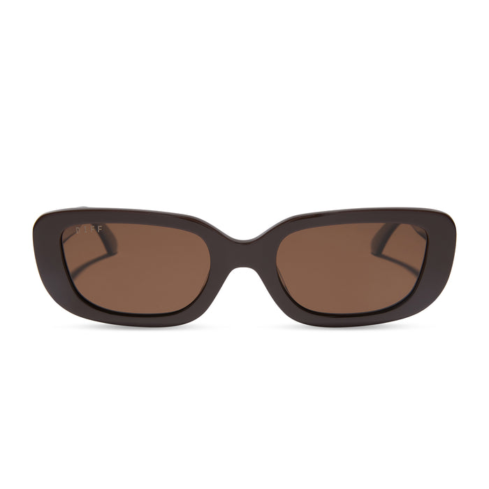 diff eyewear featuring the daphne rectangle sunglasses with a truffle frame and truffle polarized lenses front view