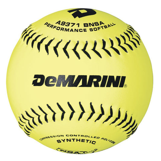 The DeMarini NSA 11" 52/275 Synthetic Slowpitch Softball (WTA9371BNSA) features a bright yellow cover with black stitching, designed for durability—ideal for players seeking high-quality synthetic softballs.