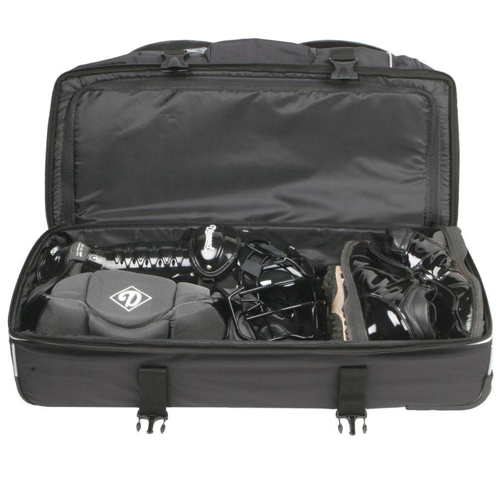 The Diamond Deluxe Wheeled Pro Umpire Gear Bag (WHL DLX UMP 33 BAG) by Diamond is a black ballistic fabric bag that neatly stores and organizes protective gear like helmet, leg guards, chest protector, and gloves.