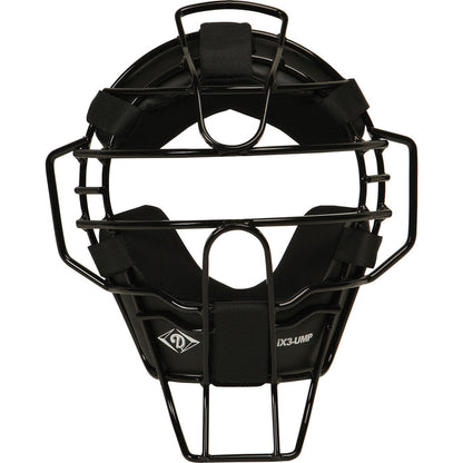 The Diamond iX3 Umpire Face Mask (DFM-iX3 UMP) by Diamond features a black ultra-lite single eye-bar metal frame, padded interior, adjustable straps, and Quik-Dry pads for adult protection and comfort during baseball or softball games.