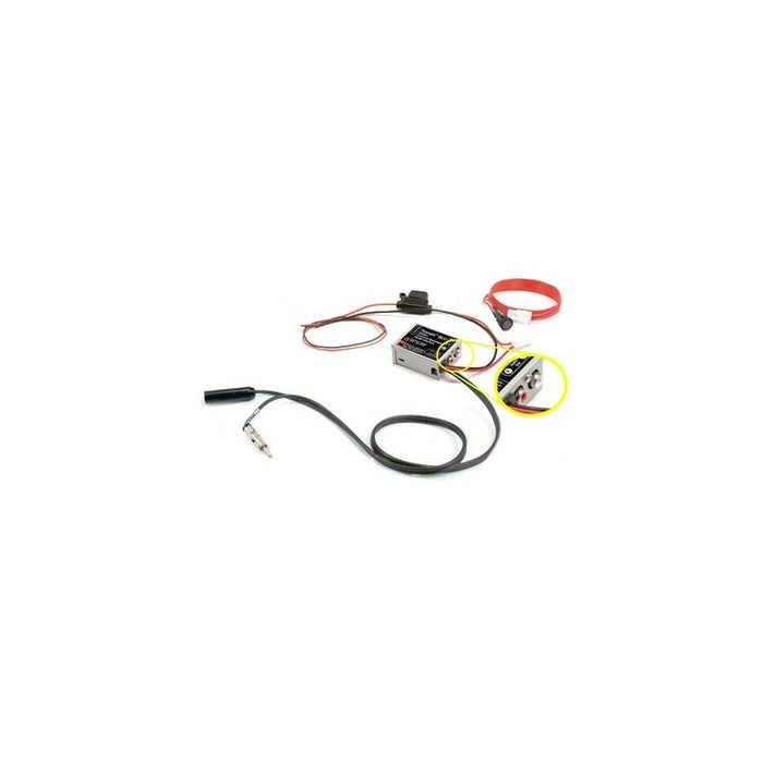 A wireless music streaming kit consisting of a Bluetooth module, a red and black antenna, a cable, and a yellow connector.