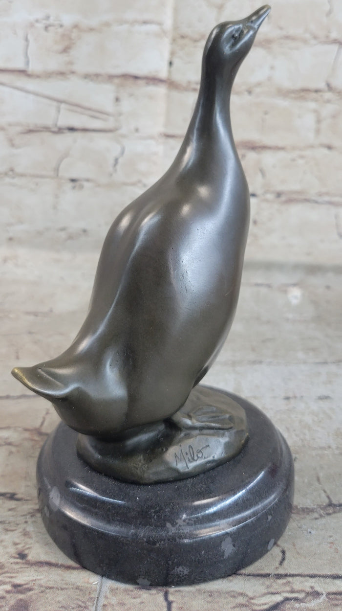 Duck Bird Water Fowl Bronze Sculpture Statue Decor on Marble Base