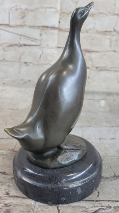 Duck Bird Water Fowl Bronze Sculpture Statue Decor on Marble Base
