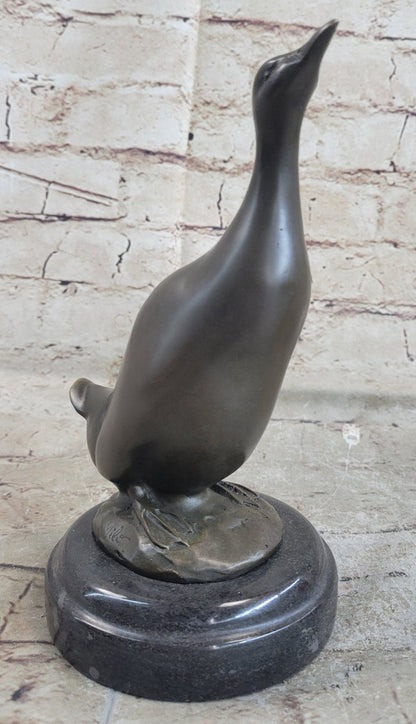 Duck Bird Water Fowl Bronze Sculpture Statue Decor on Marble Base