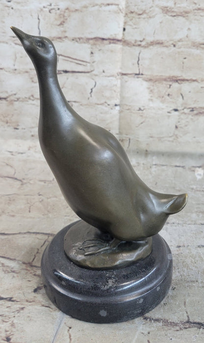 Duck Bird Water Fowl Bronze Sculpture Statue Decor on Marble Base