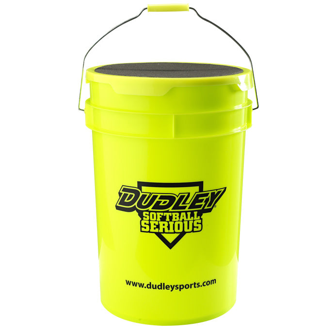 The Dudley 6 Gallon Ball Bucket with Padded Lid (48010) is a bright yellow bucket with a black padded lid and metal handle, featuring the Dudley logo and www.dudleysports.com on the front.