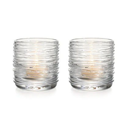 Set of two Simon Pearce Echo Lake tealight holders with clear glass and textured design for home decor.