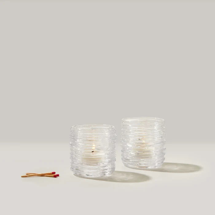 Set of two Simon Pearce Echo Lake tealight holders with a sleek, modern design for home and wall decor.