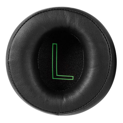 Circular black leather ear cushion with a green illuminated ’L’ symbol.