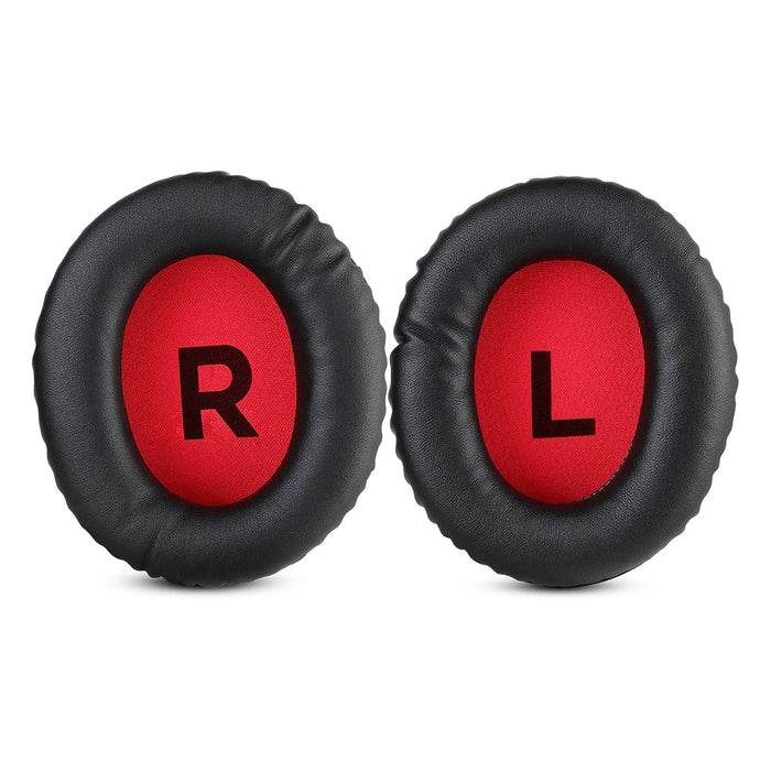 Pair of black headphone ear cushions with red centers labeled ’R’ and ’L’.