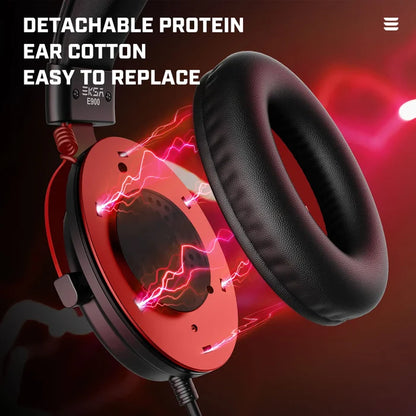 Gaming headset with detachable ear cushions and visible electrical components.