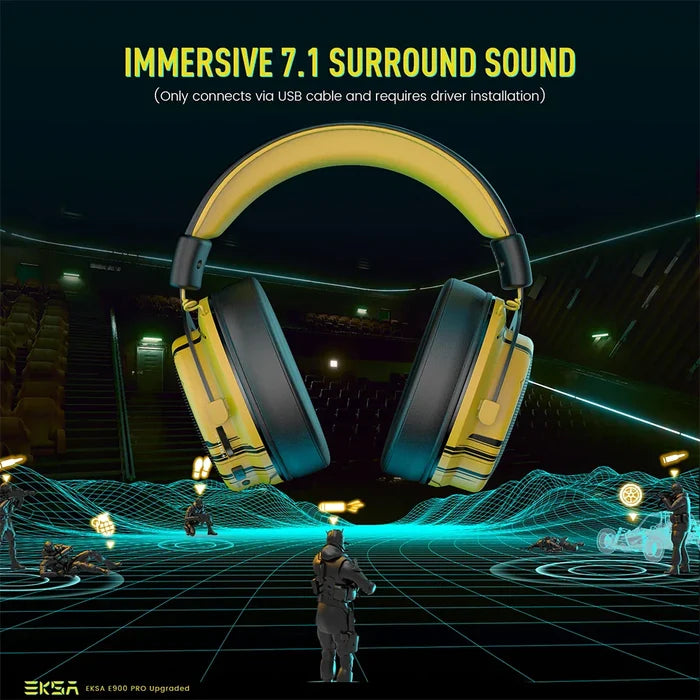 Yellow and black gaming headphones with an over-ear design.