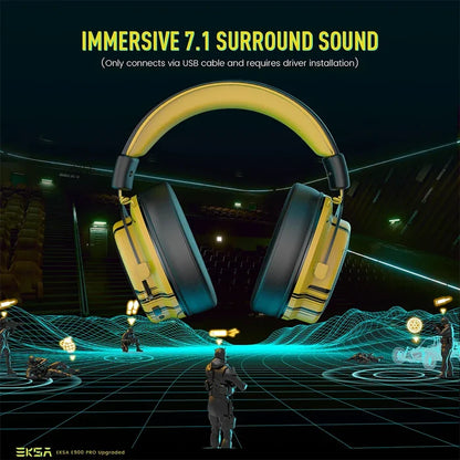 Yellow and black gaming headphones with an over-ear design.