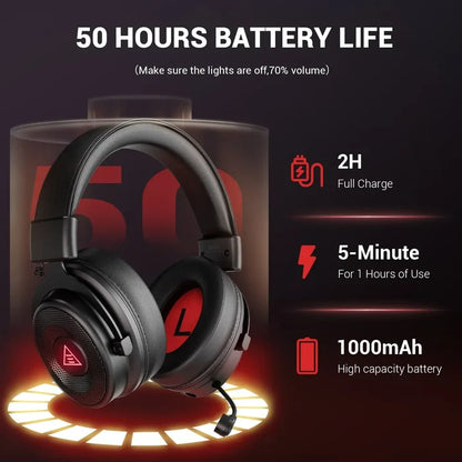 Gaming headset with red accents and a glowing base.