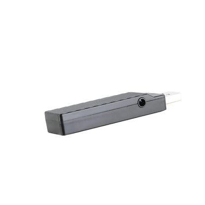 Gray rectangular electronic device with a small circular opening on one end and a thin cable attached.
