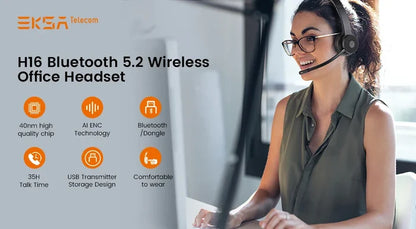 Wireless Bluetooth headset worn by a person in an office setting.