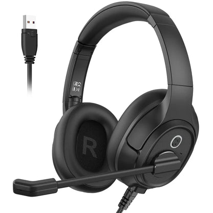 Black over-ear headphones with an attached microphone and USB cable.
