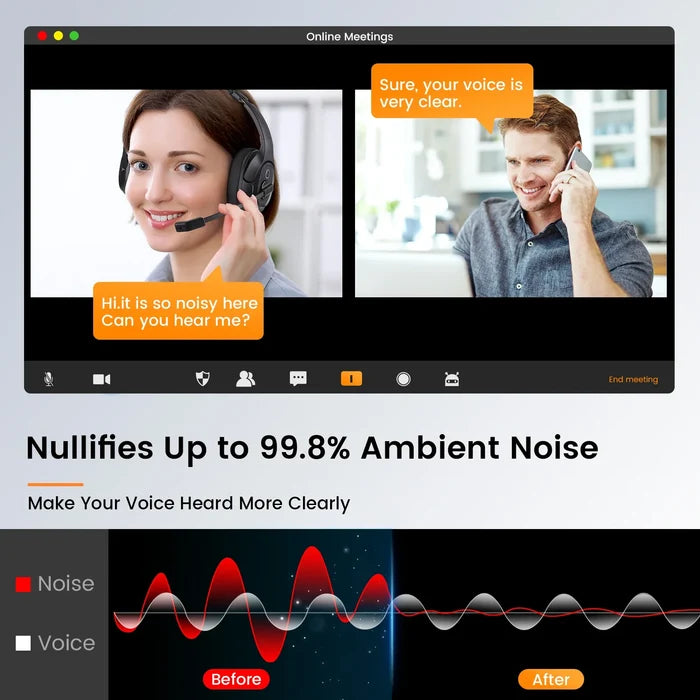Advertisement for noise-cancelling software or technology for online meetings.