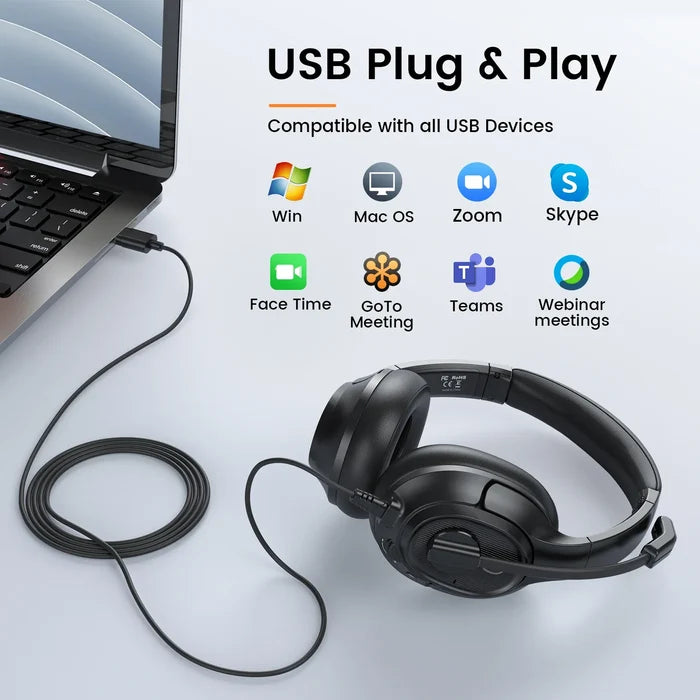 USB headset with an attached microphone and cord.