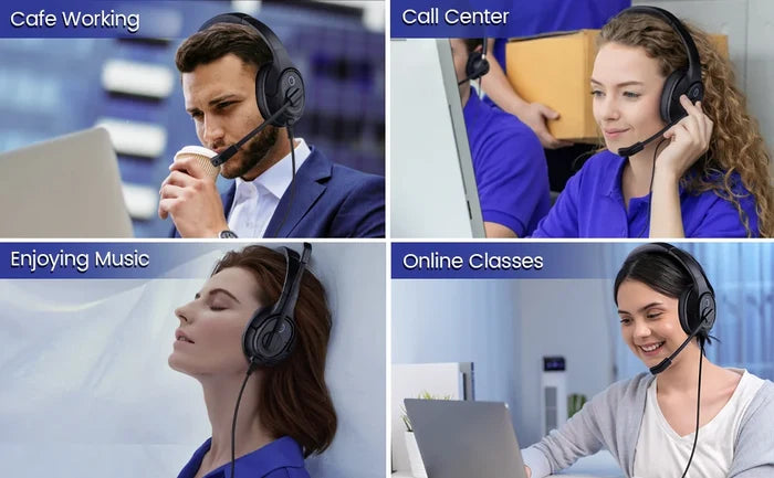 Collage of four images showing people wearing headphones in different work settings.