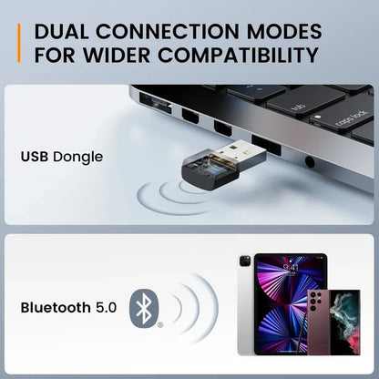 Infographic showing dual connection modes: USB dongle and Bluetooth 5.0 for device compatibility.