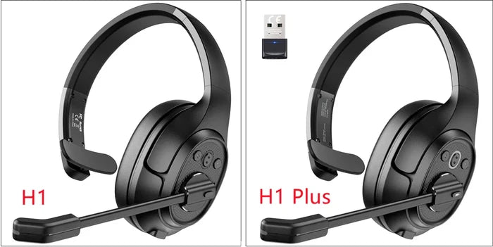 Wireless headset with microphone in two models labeled H1 and H1 Plus.