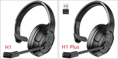 Wireless headset with microphone in two models labeled H1 and H1 Plus.