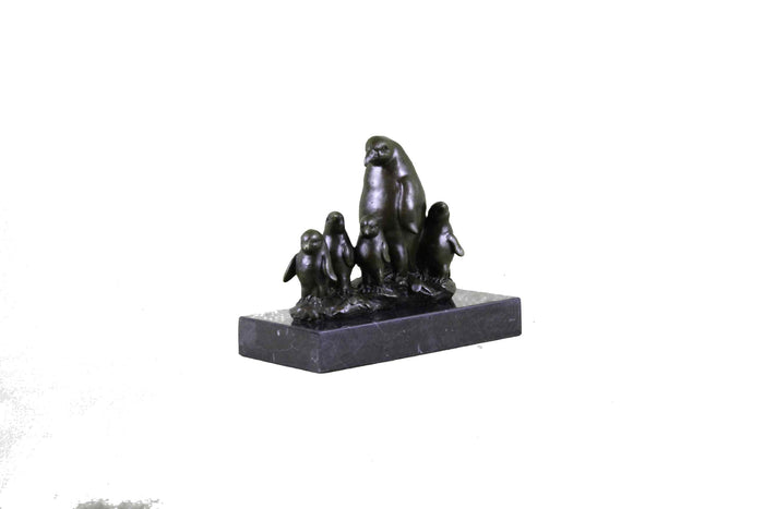 Emperor Penguin With Four Chicks Bronze Sculpture Art Deco Marble Base Statue