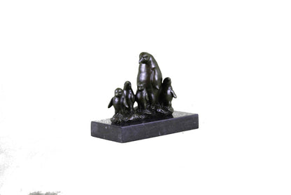 Emperor Penguin With Four Chicks Bronze Sculpture Art Deco Marble Base Statue