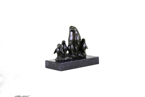 Emperor Penguin With Four Chicks Bronze Sculpture Art Deco Marble Base Statue