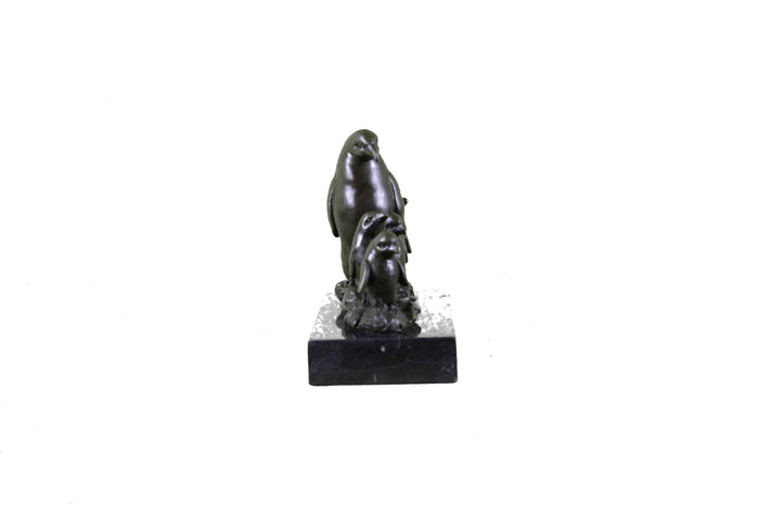 Emperor Penguin With Four Chicks Bronze Sculpture Art Deco Marble Base Statue