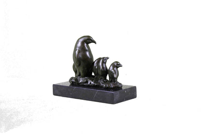 Emperor Penguin With Four Chicks Bronze Sculpture Art Deco Marble Base Statue