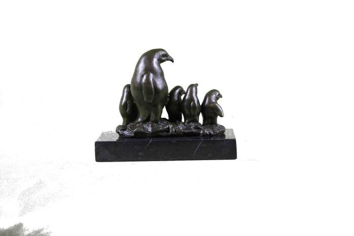 Emperor Penguin With Four Chicks Bronze Sculpture Art Deco Marble Base Statue