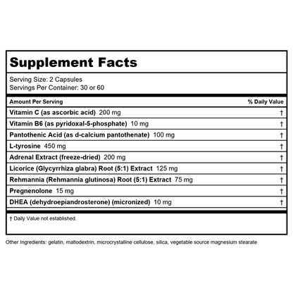 EuroMedica Adrenaplex 60 Capsules - Supplement Facts panel