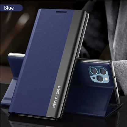 Blue smartphone case with a flip cover and visible camera cutout.