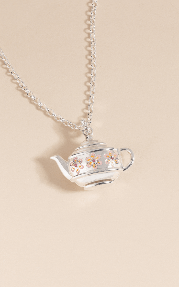 Floral Teapot Locket Pendant Necklace