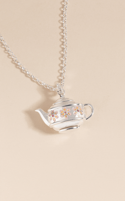 Floral Teapot Locket Pendant Necklace