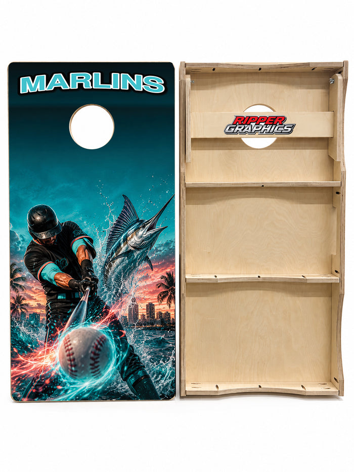 Florida Marlins Baseball Inspired Cornhole Design