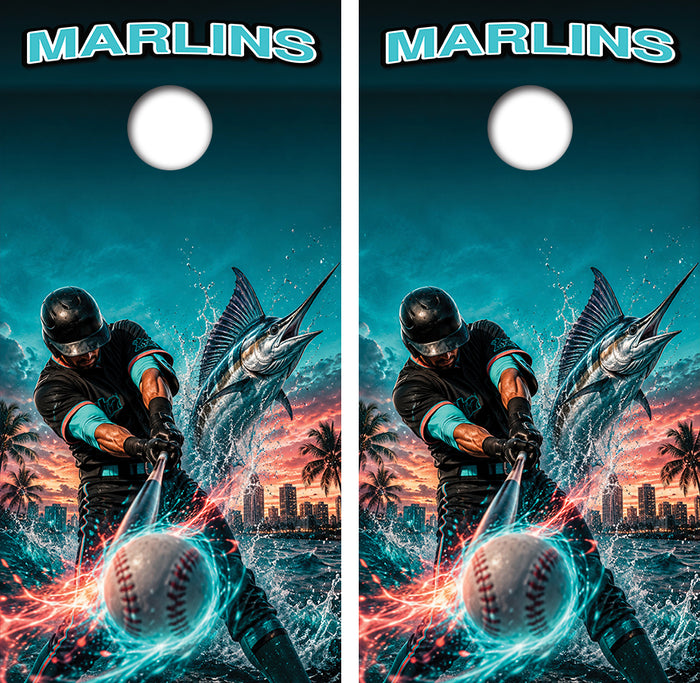 Florida Marlins Baseball Inspired Cornhole Design