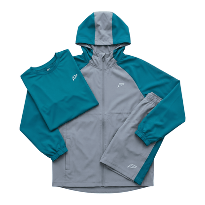 Frequency Junior 3 Piece Co Ord Set Turquoise Jacket, T-Shirt & Shorts, sporty activewear for kids.