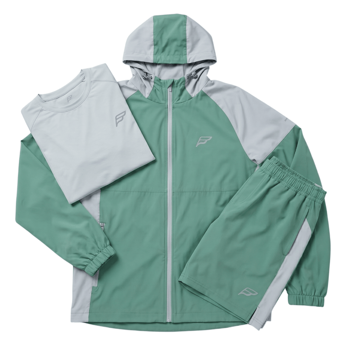 Frequency Mens 3 Piece Co Ord Set in Green/Grey featuring a matching top, hooded jacket, and shorts.