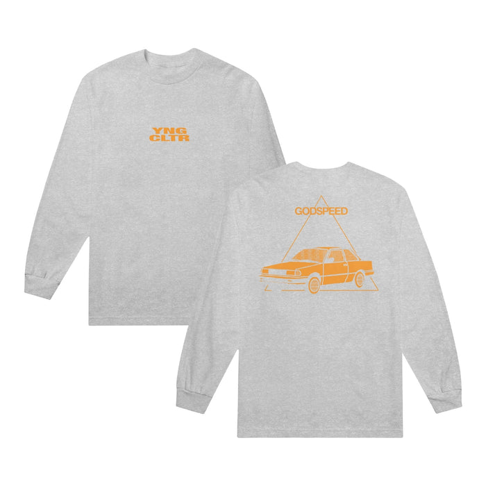 Grey long sleeve shirt with YNG CLTR in orange on the chest. On the back there is a ca drawn in orange with a triangle around it. Above that, there is text that says GODSPEED, also printed in orange.