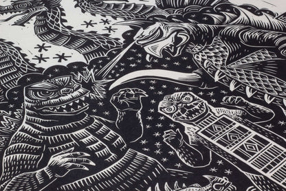 Godzilla vs Gigan Linocut Poster