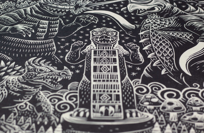 Godzilla vs Gigan Linocut Poster